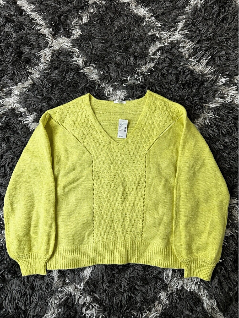 NWT Maurices Womens Small Yellow Knit V-Neck Cable Stitch Long Sleeve Sweater